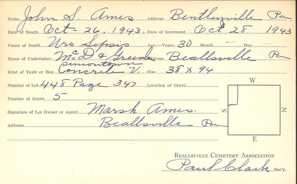 John Stanley Ames burial card
